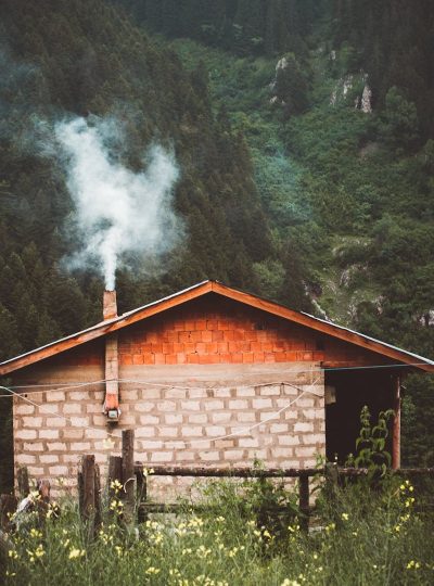 A secluded cabin with a chimney emitting smoke, surrounded by lush greenery.